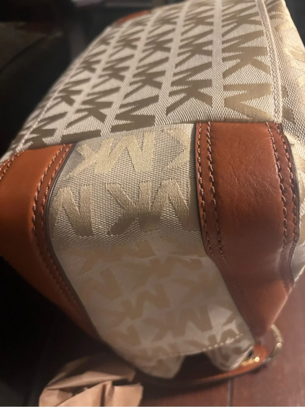 Michael Kors Cream & Tan MK Signature Drawstring Tote with Matching Wallet
